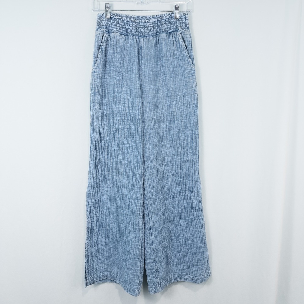 Aerie Gauzy High Waisted Pant Small Blue Cotton Wide Leg Side Slit Beach Coastal